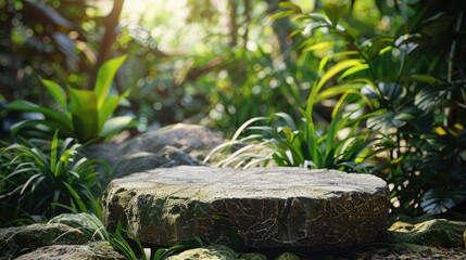 Obraz premium Stone podium outdoors in a serene natural setting for beauty product presentation.