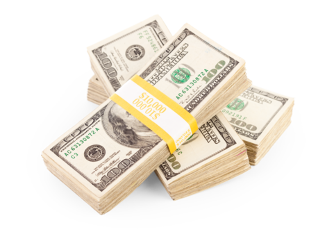 Ten Thousand Dollar Stacks of One Hundred Dollar Bills Isolated. Transparent PNG.