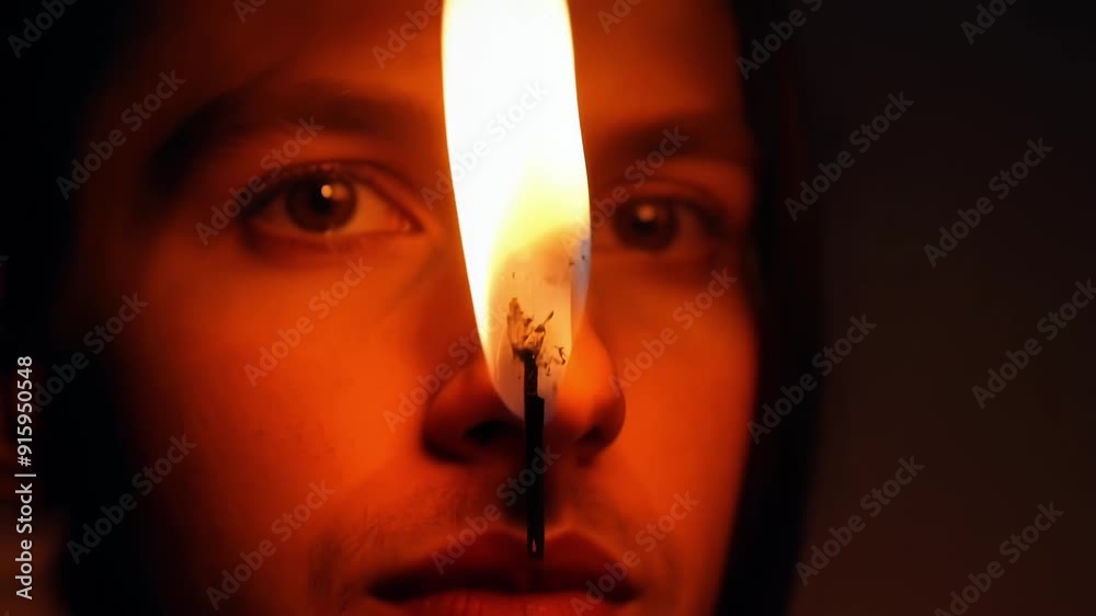 Poster in the darkness a match is ignited and held up to a lantern causing a bright orange glow to illumina