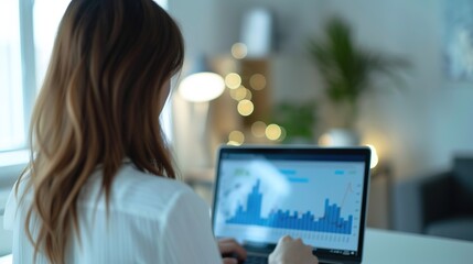 Successful Businesswoman Analyzing Profit Percentage Charts on Laptop for Financial Growth and Economic Trends