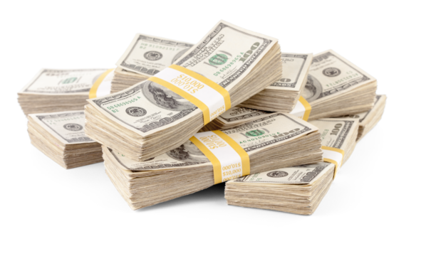 Ten Thousand Dollar Stacks of One Hundred Dollar Bills Isolated. Transparent PNG.