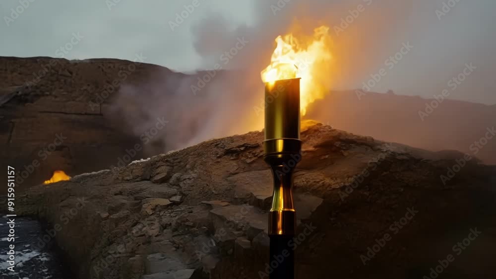 Poster The golden glow of a torch flame casting shadows and offering warmth to a cold and desolate environment.