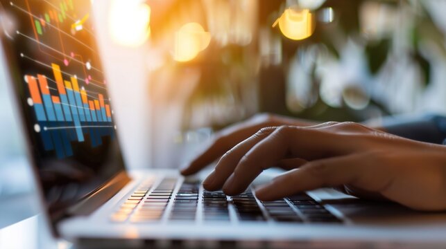 Hands typing on a laptop showing a dashboard with earnings percentages, remote work, financial growth