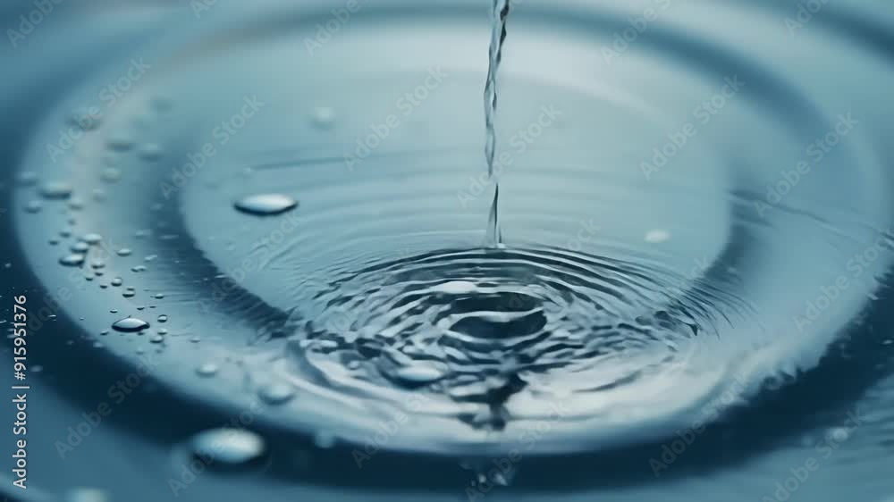Poster closeup shot of raindrops falling onto a rain puddle causing a chain reaction of ripples that dance 