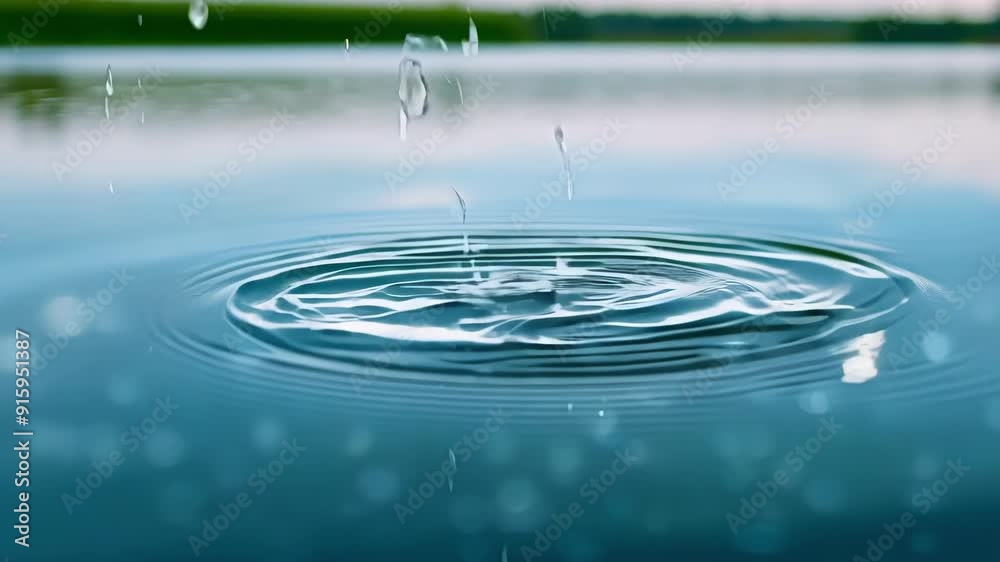 Poster Slow motion footage of raindrops landing in a row on the surface of a glassy lake creating a mesmerizing repetitive ripple effect.