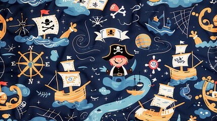 This playful fabric design showcases pirate ships, treasures, and a cheerful pirate amidst waves and nautical symbols