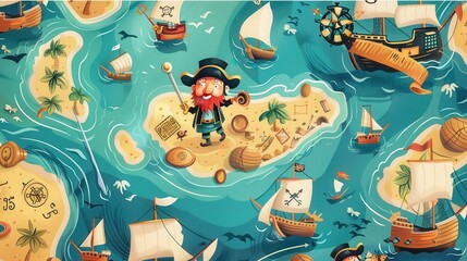 A bearded pirate stands on an island surrounded by ships, barrels, and palm trees, showcasing a vibrant treasure map