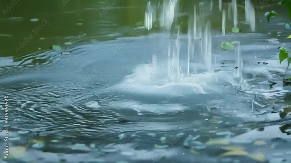 Poster Footage of large heavy raindrops causing a splash as they hit the surface of a pond creating chaotic and unpredictable ripples.
