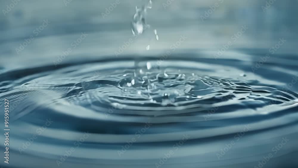 Poster Macro footage of raindrops falling onto a puddle each one causing a distinct splash and ripple that slowly fades away.
