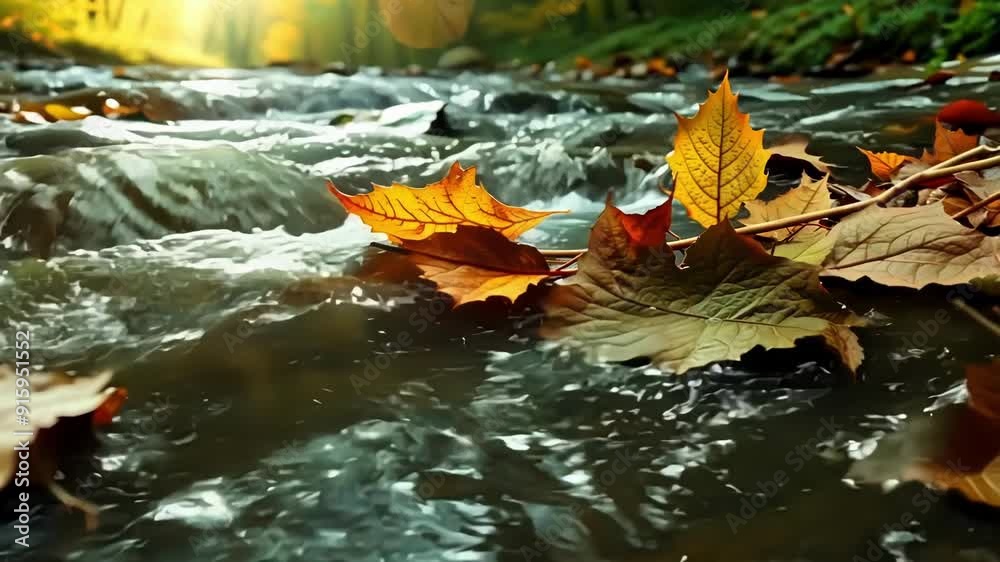 Poster closeup shots of fallen leaves and twigs being carried along in the stream showcasing the natural cy