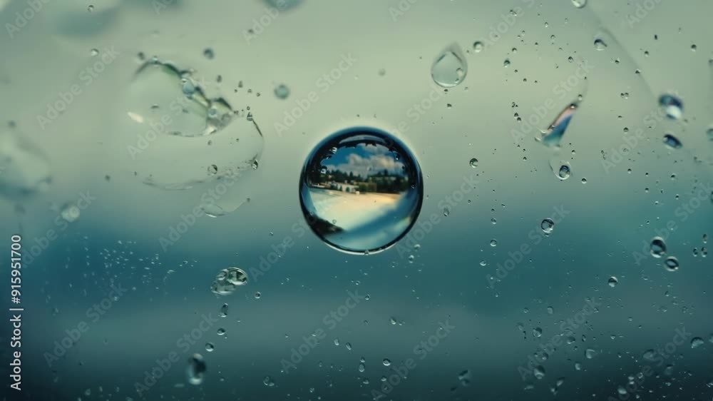 Poster As the camera focuses on a single droplet a whole world is revealed within its distorted reflection on the glass capturing the surrounding environment in a unique way.