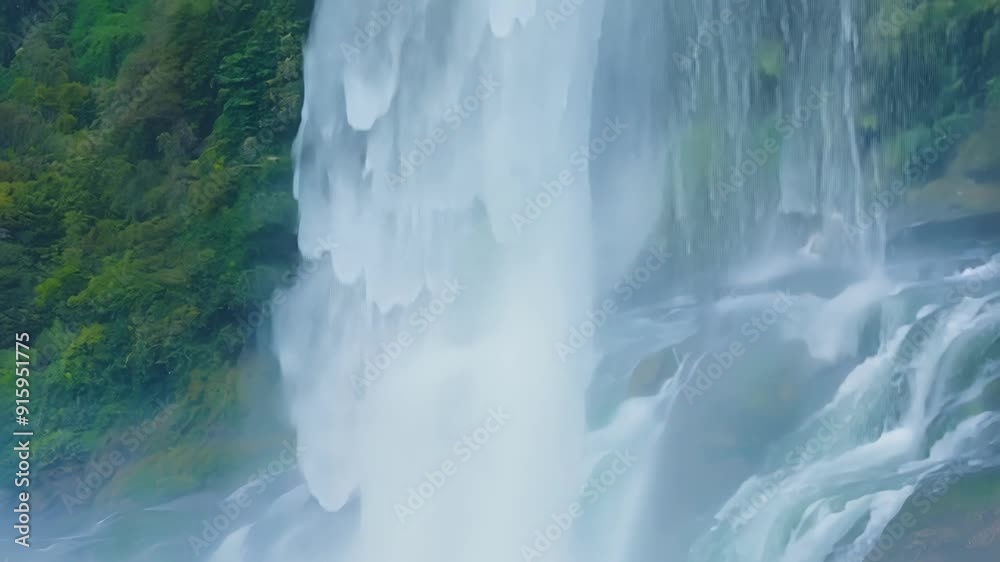 Poster A steady rhythm of mist sprays from the waterfall creating everchanging patterns and shapes in the air.