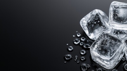 Three ice cubes on a black background. The ice cubes are surrounded by water droplets. Concept of coolness and refreshment