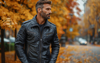 Obraz premium A man in a black leather jacket stands in front of a tree with yellow leaves. Concept of style and confidence, as the man is dressed in a fashionable leather jacket