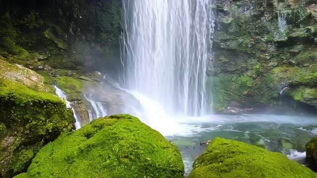 Vibrant green mosscovered rocks are ly visible through the veil of mist created by cascading waterfall.