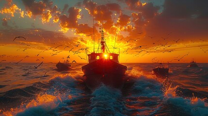 Obraz premium Showcase the resilience of coastal communities, where fishermen brave turbulent seas to bring in their daily catch under the arc of a rising sun.