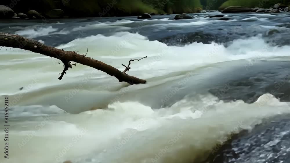 Poster Closeup of a tree branch being swept away by the strong current of the river rapids emphasizing the power of nature.