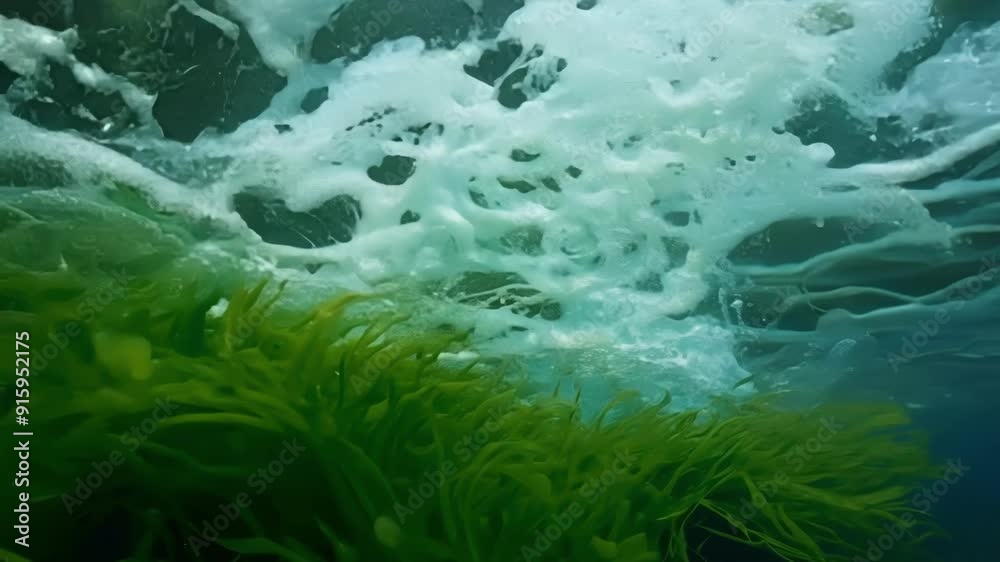 Poster a closeup shot of a group of river plants being swept up and swirled around in the rapids giving a u