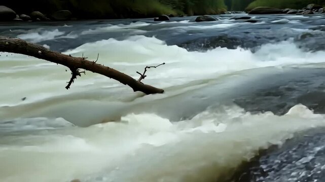 Closeup of a tree branch being swept away by the strong current of the river rapids emphasizing the power of nature.