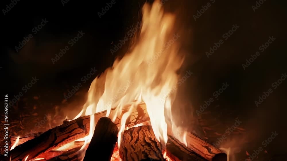 Poster dynamic closeup of a bonfire with tall dancing flames surrounded by wispy tendrils of smoke creating