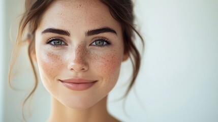 Naklejka premium Close-up portrait of a woman with natural makeup, smiling gently at the camera, soft natural light, neutral background