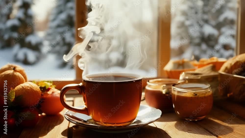 Poster In a cozy winter scene steam rises from a mug of mulled cider creating a warm and inviting atmosphere.