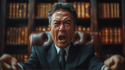 Obraz premium international court Thai judge standing up from desk and screaming, spit comes out from his mouth, angry, annoyed.generative ai