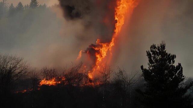 Flickers of orange light peek through the thick smoke as flames devour trees in the background.