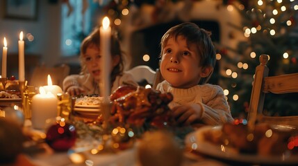 happy family dinner at Christmas waiting to open the children's gifts