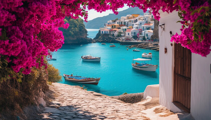 Fototapeta premium A charming coastal village features whitewashed houses adorned with vibrant bougainvillea, winding cobblestone streets, and stunning views of the turquoise sea filled with gently bobbing fishing boats
