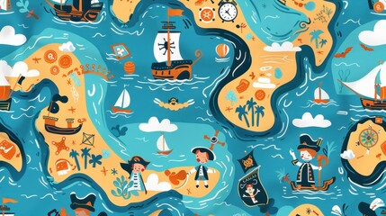 Obraz premium A whimsical map showcases pirates, ships, and treasure islands in a lively ocean landscape