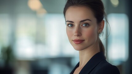 Corporate portrait of a female executive, sophisticated style, minimalistic jewelry, blurred office background