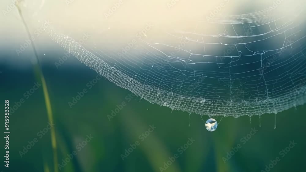 Poster a dewy spider web perfectly visible on the blades of grass captures the beauty of dew in its intrica