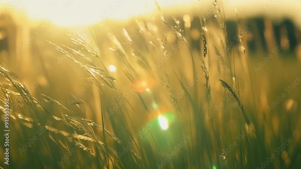 Poster the morning sun shining on a patch of grass illuminating each individual blade as it sways to the so