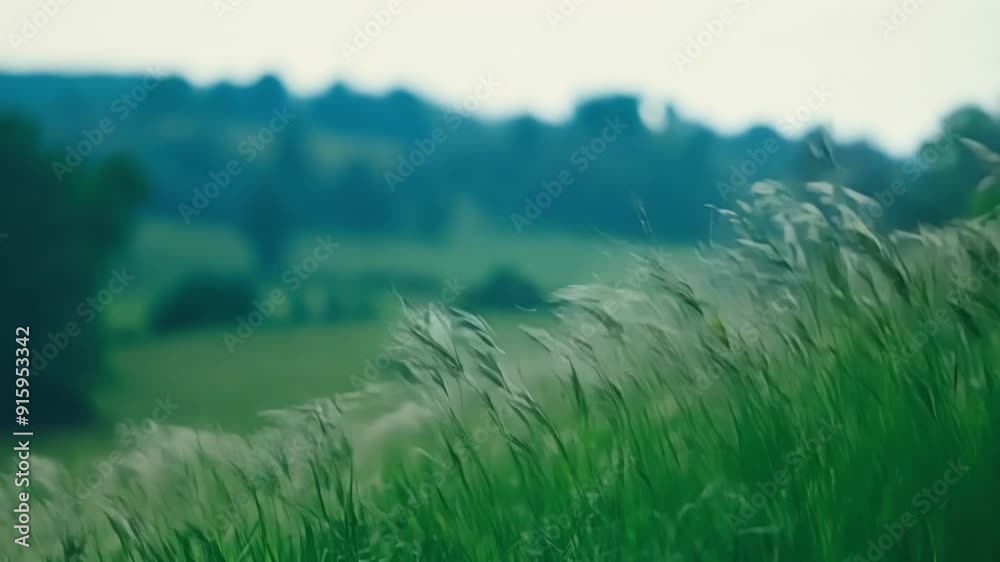 Poster blades of grass gently swaying in the foreground while the background shows a lush green landscape b