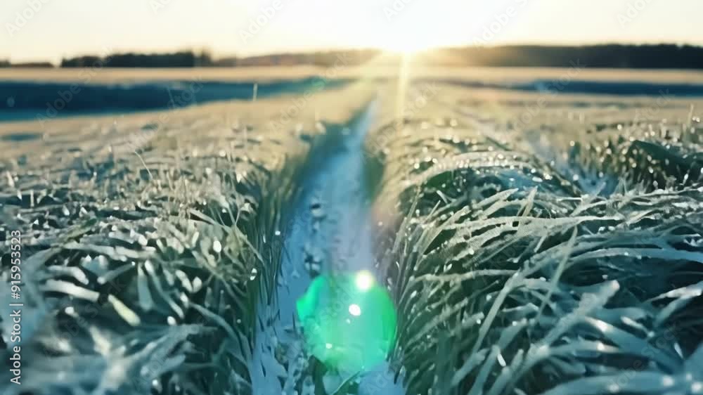 Poster The icy blades of grass glisten as they catch the suns rays creating a frosty path through a meadow.