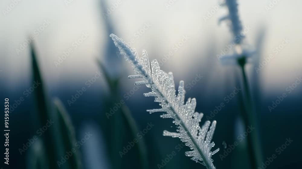 Poster a single blade of grass covered in frost stands out a the others showcasing its resilience and beaut