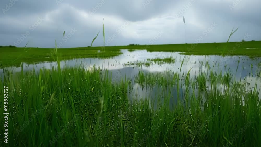 Poster Small puddles form on the surface of the grass creating abstract patterns and reflections as the camera captures the aftermath of a heavy rainfall.