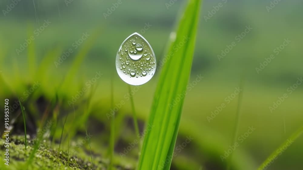 Poster The camera follows a raindrop as it journeys its way down a single blade of grass capturing the intricate details and textures of the natural landscape.