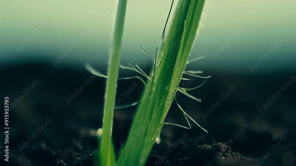 Poster An extreme closeup of a freshly sprouted grass shoot its intricate root system slowly pushing through the soil.