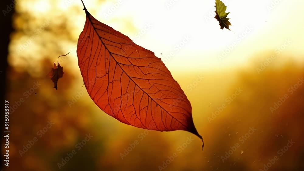 Poster A shot of a leaf midfall frozen in time with its edges curled and its surface showcasing a blend of red orange and gold.