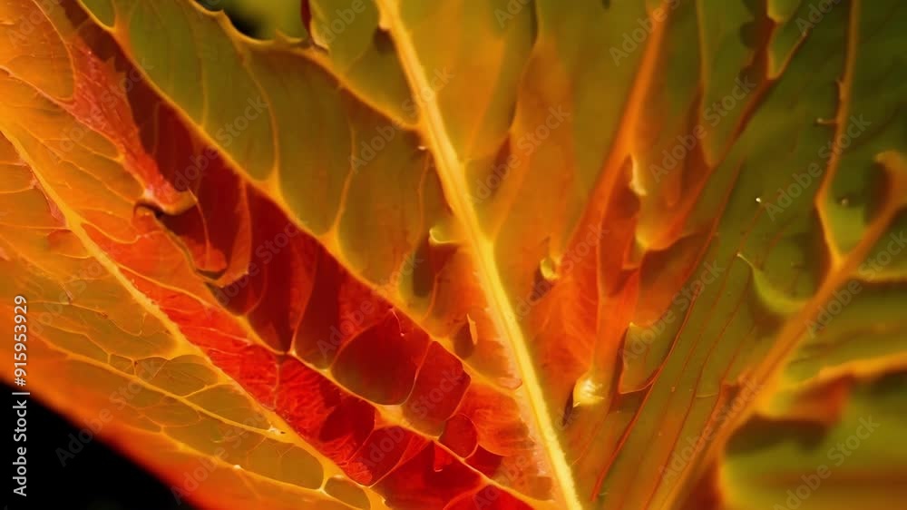 Poster A closeup of a leaf with a unique shape its edges resembling a flame as it transitions from green to fiery red.