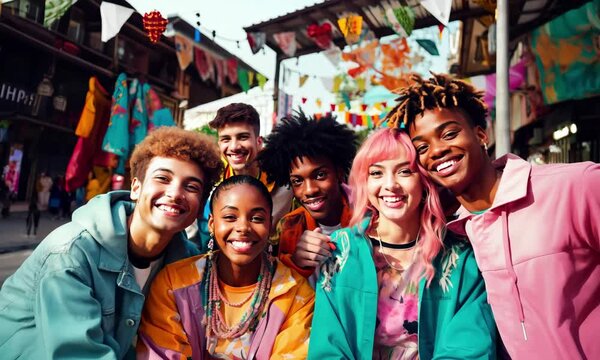 Grupo de amigos estudiantes adolescentes multi&eacute;tnico, mirando a c&aacute;mara  caminando por las calles de una ciudad. concepto igualdad entre razas