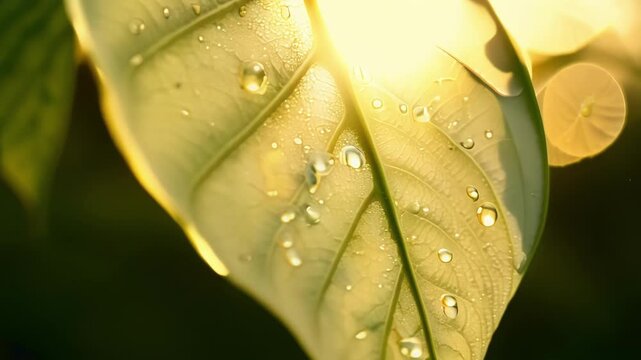 A macro view of a leafs s highlighted by the warm sunlight and showcasing the intricate network that supports its sy structure.