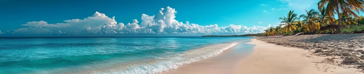 Obraz premium Panoramic view of a paradise tropical sandy beach surrounded by coconut palms