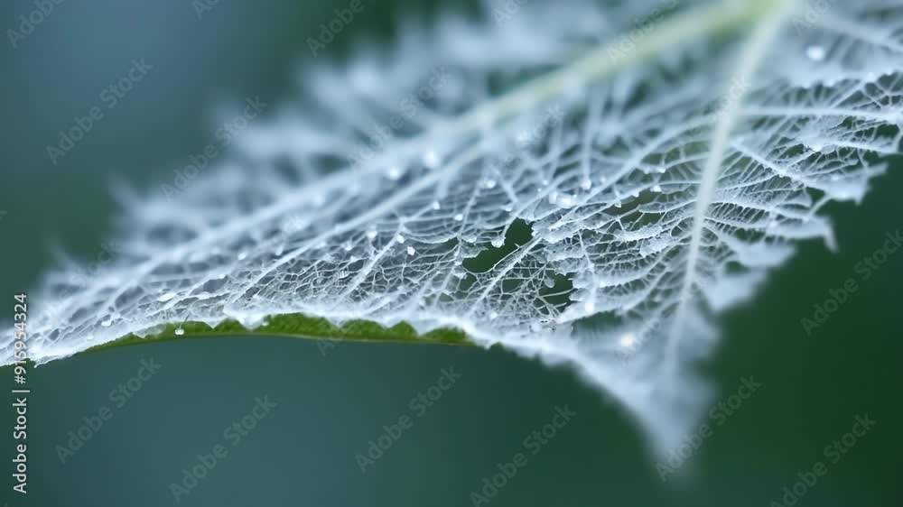 Poster Close up of a leaf with intricate delicate frost crystals forming on its edges resembling delicate lace.