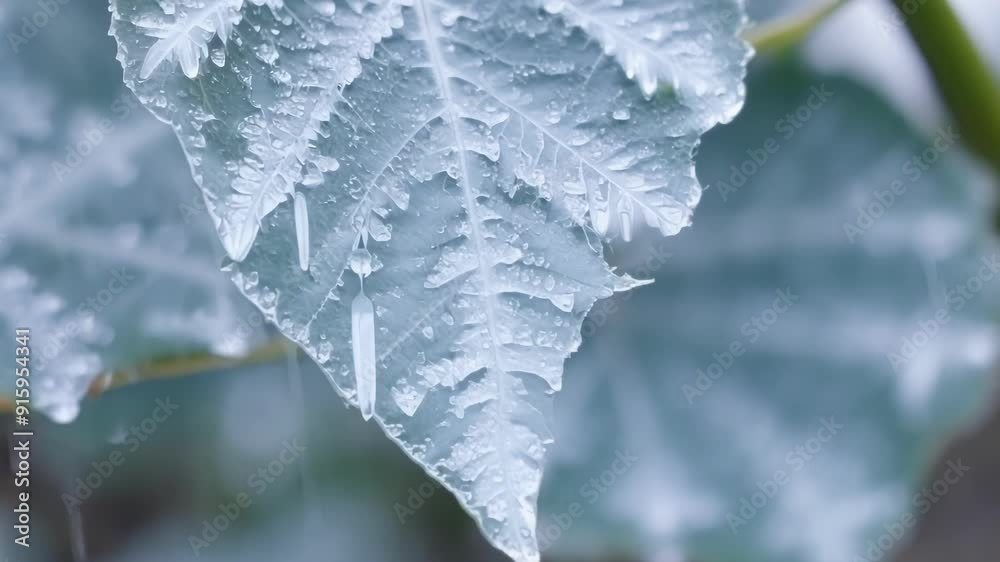 Poster a closeup shot of a frostcovered leaf with tiny icicles hanging from its tips looking like a winter 