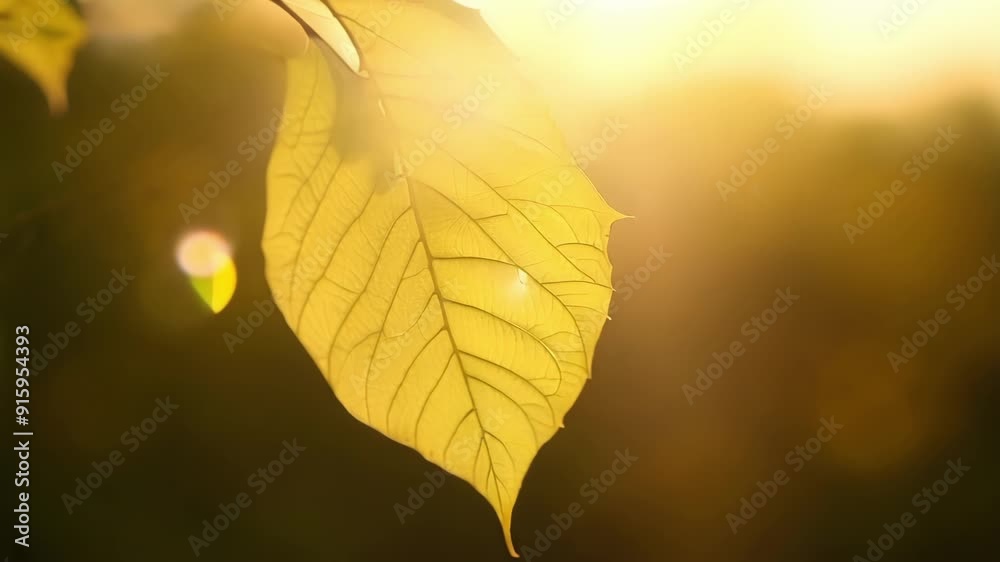 Poster a single leaf perfectly p in a beam of sunlight illuminating its intricate details and highlighting 