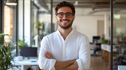 Smiling tech entrepreneur in smart glasses, crisp white shirt, office setting with tech devices, professional look