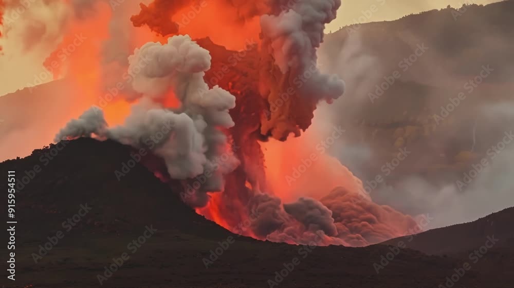 Poster the violent eruption of a volcano with lava spewing high into the air and cascading down the sides o